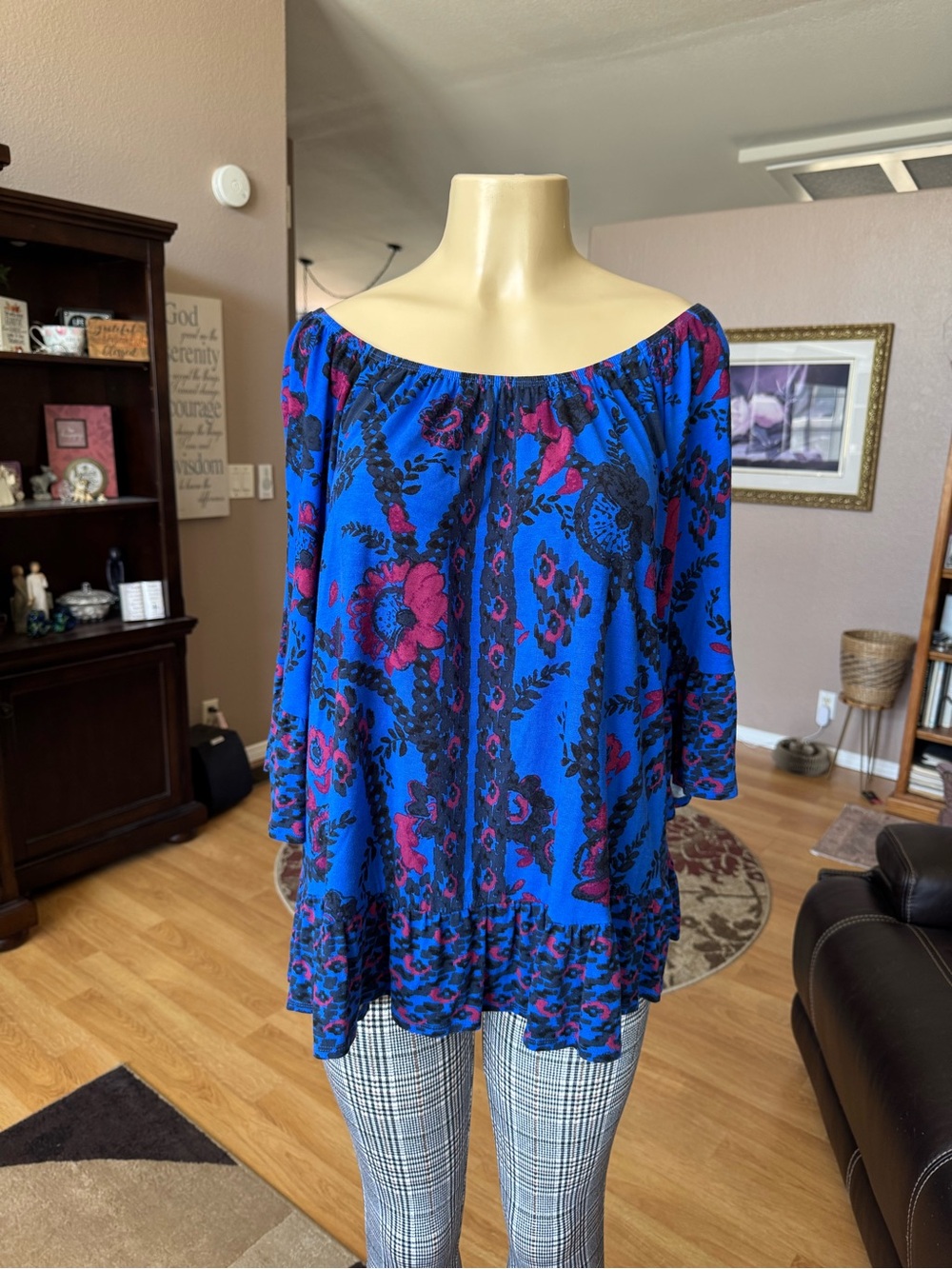 Style & Co off-shoulder blue floral peasant blouse-size 2X - Picture 6 of 9